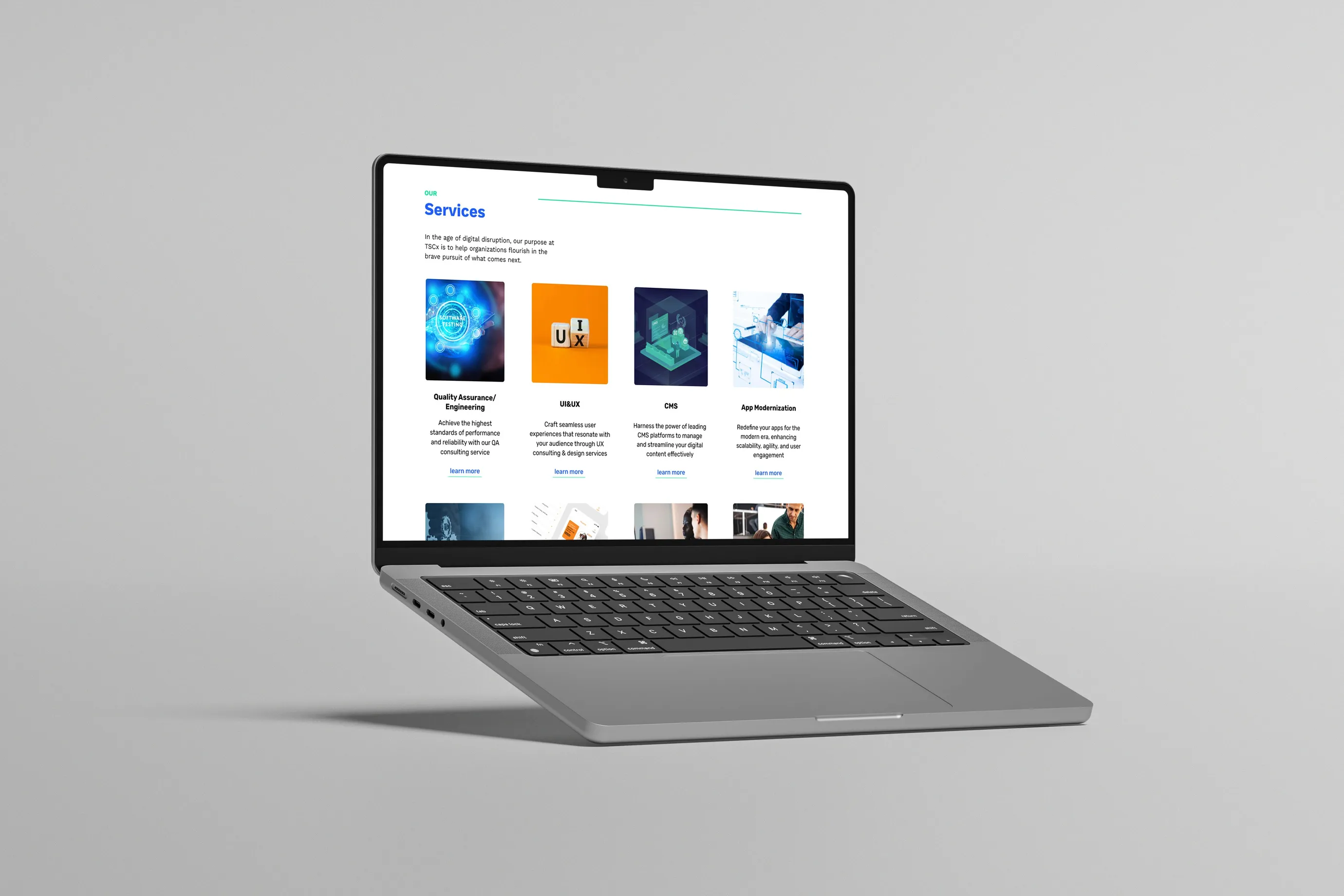 TSCx services page on a laptop