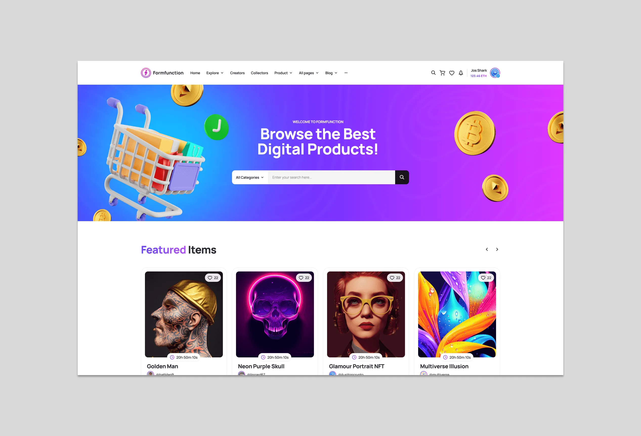 Formfunction marketplace home page with search and featured artworks