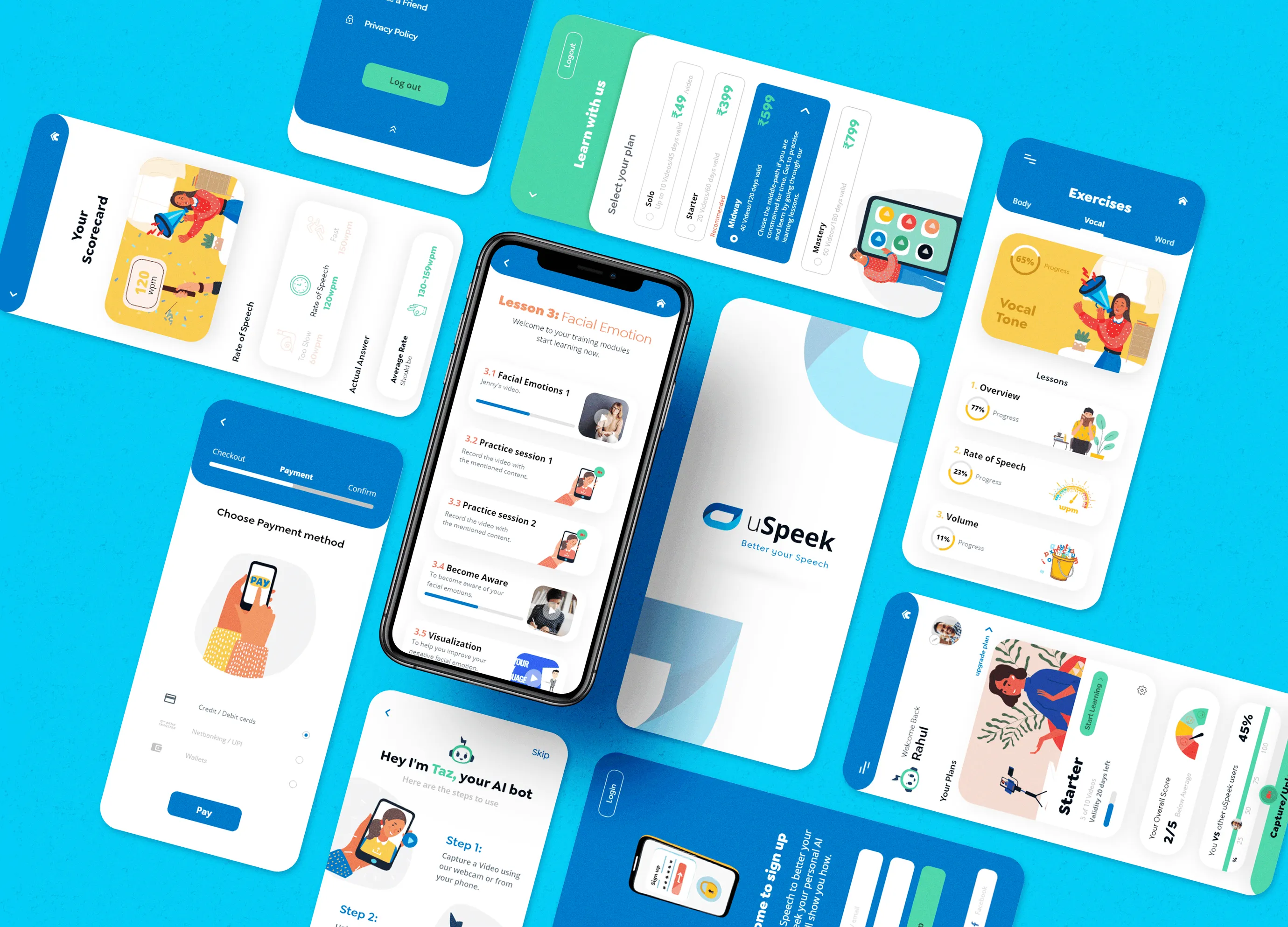 USpeak lessons, exercises, scorecard and payment screens