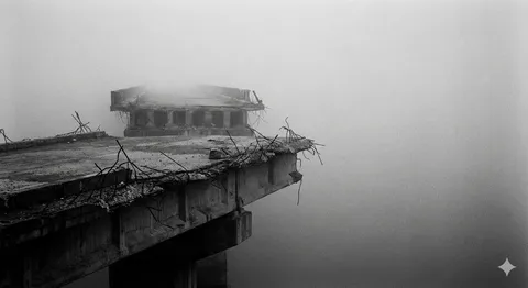 a bridge that abruptly stops in the middle of a foggy void