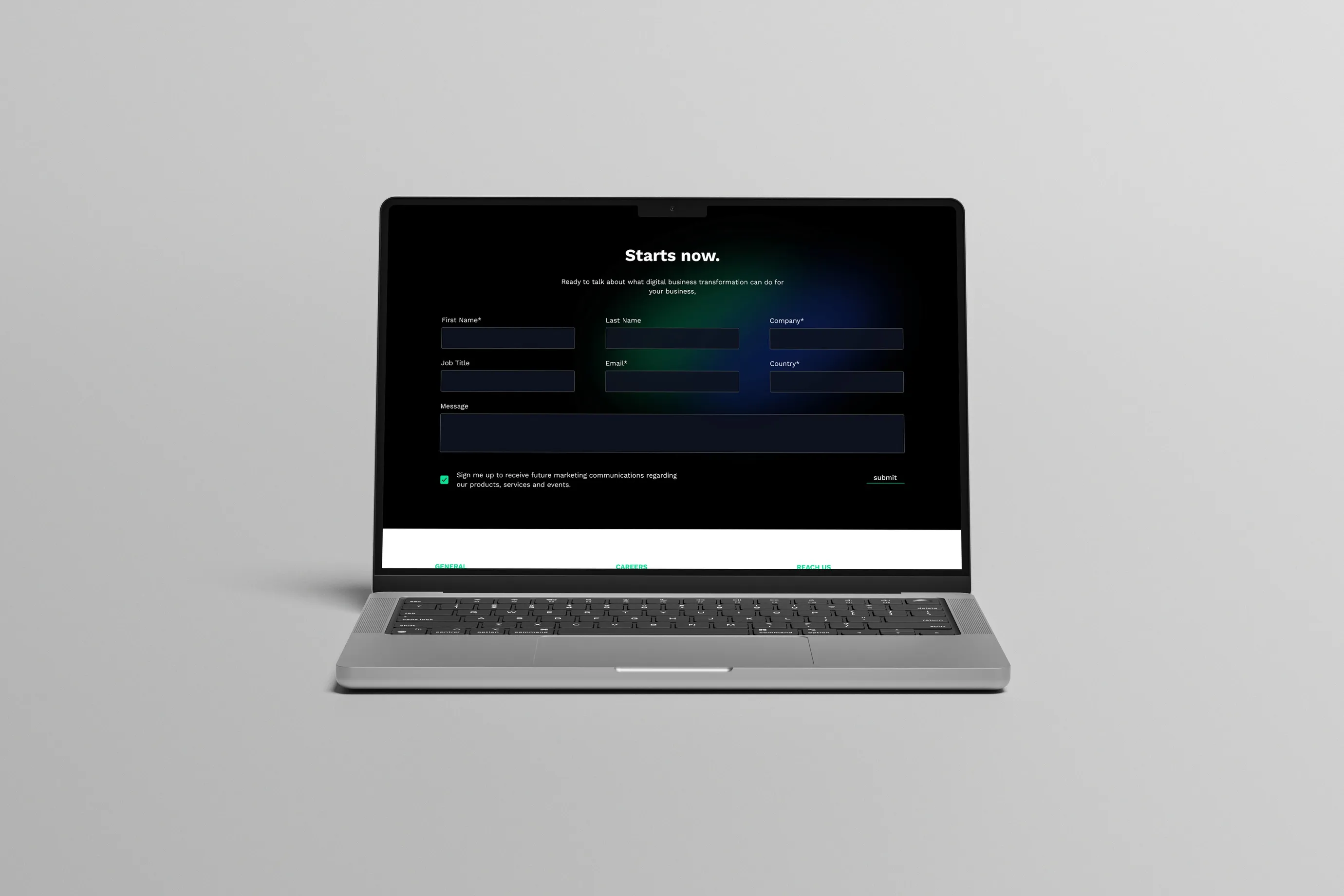 TSCx contact form page on a laptop