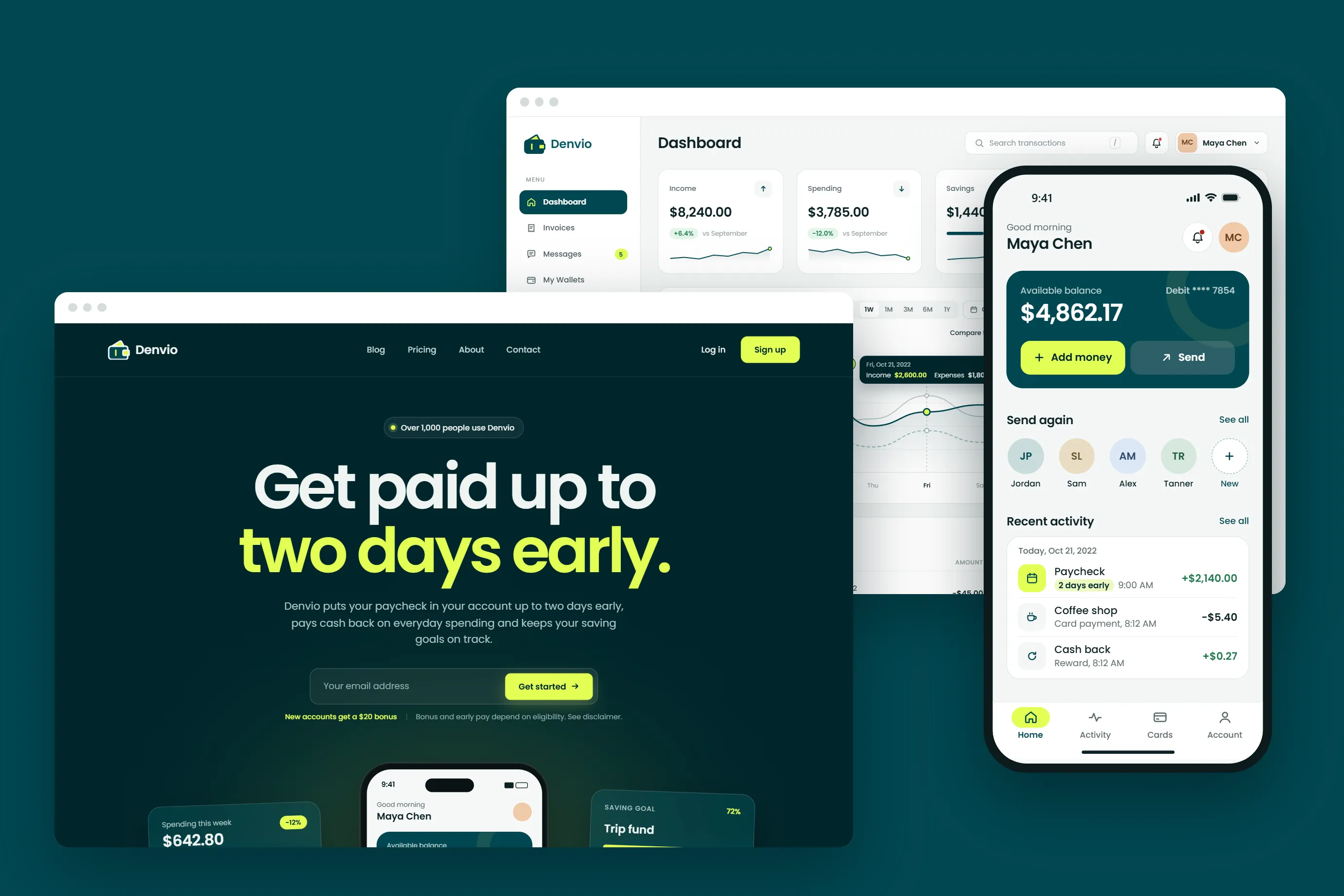 Denvio landing page, web dashboard and phone app shown together in teal and lime
