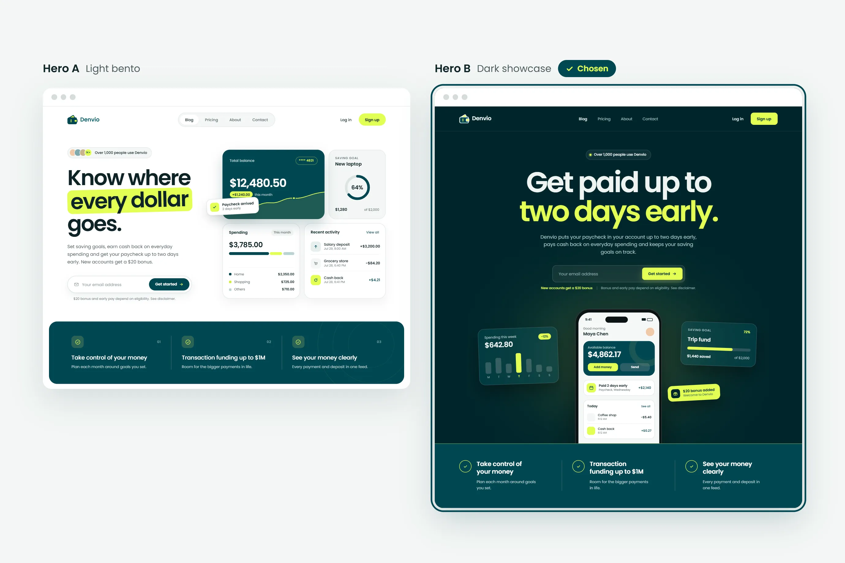 Two hero directions for the Denvio landing page, a light layout and a dark layout