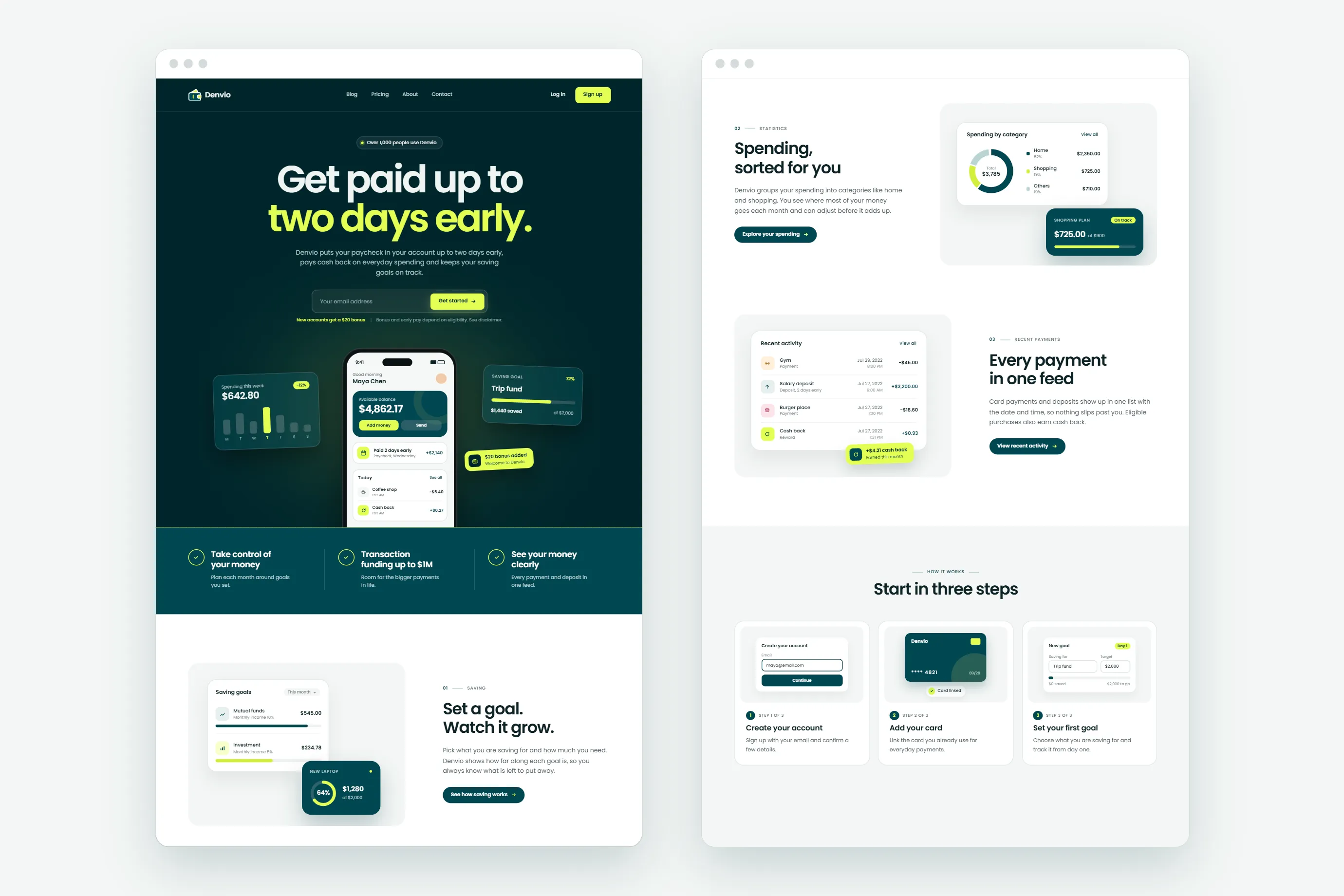 Denvio landing page with the headline Get paid up to two days early, feature rows and three sign up steps