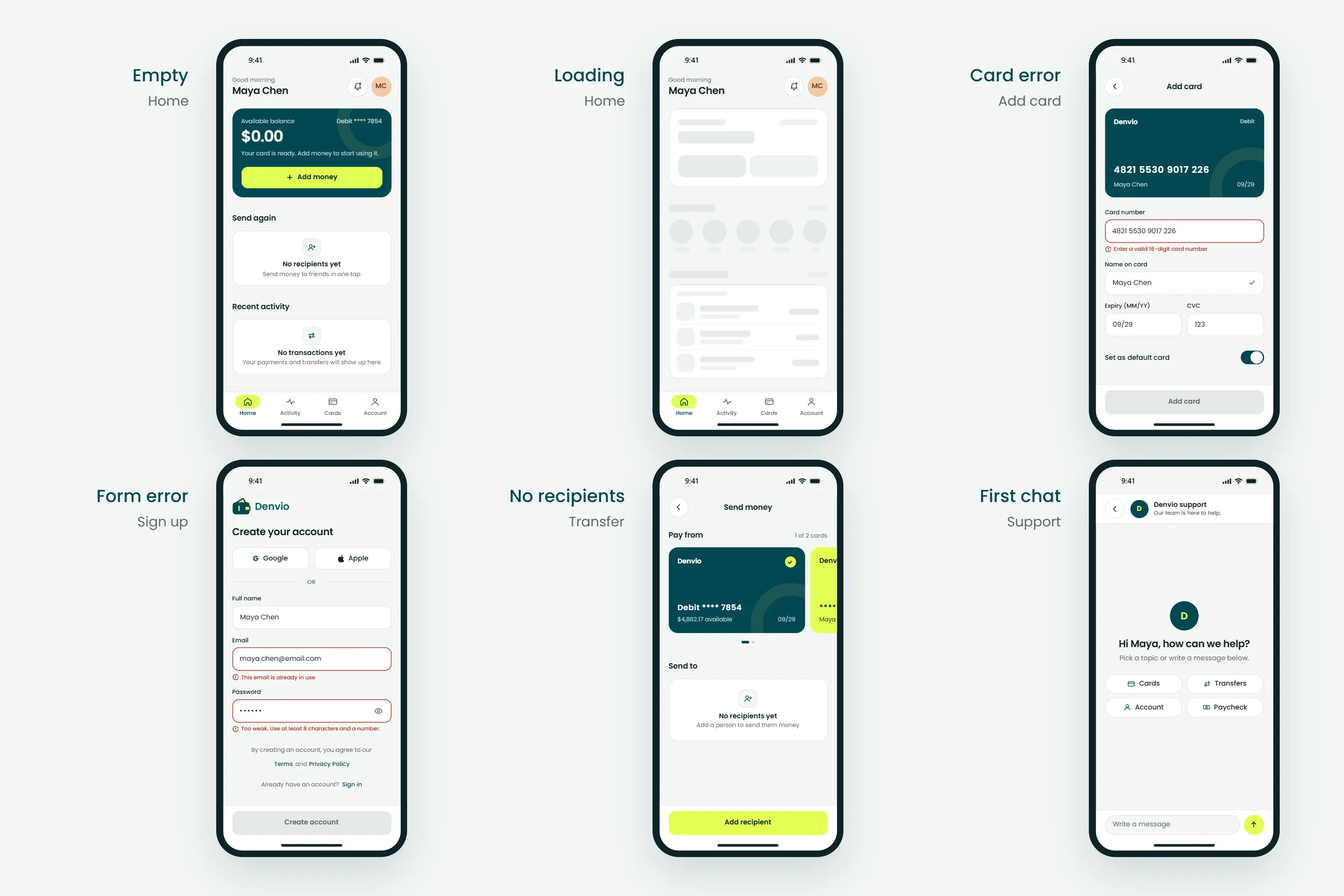 Six Denvio phone states: empty home, loading home, card number error, sign up error, no recipients and first support chat