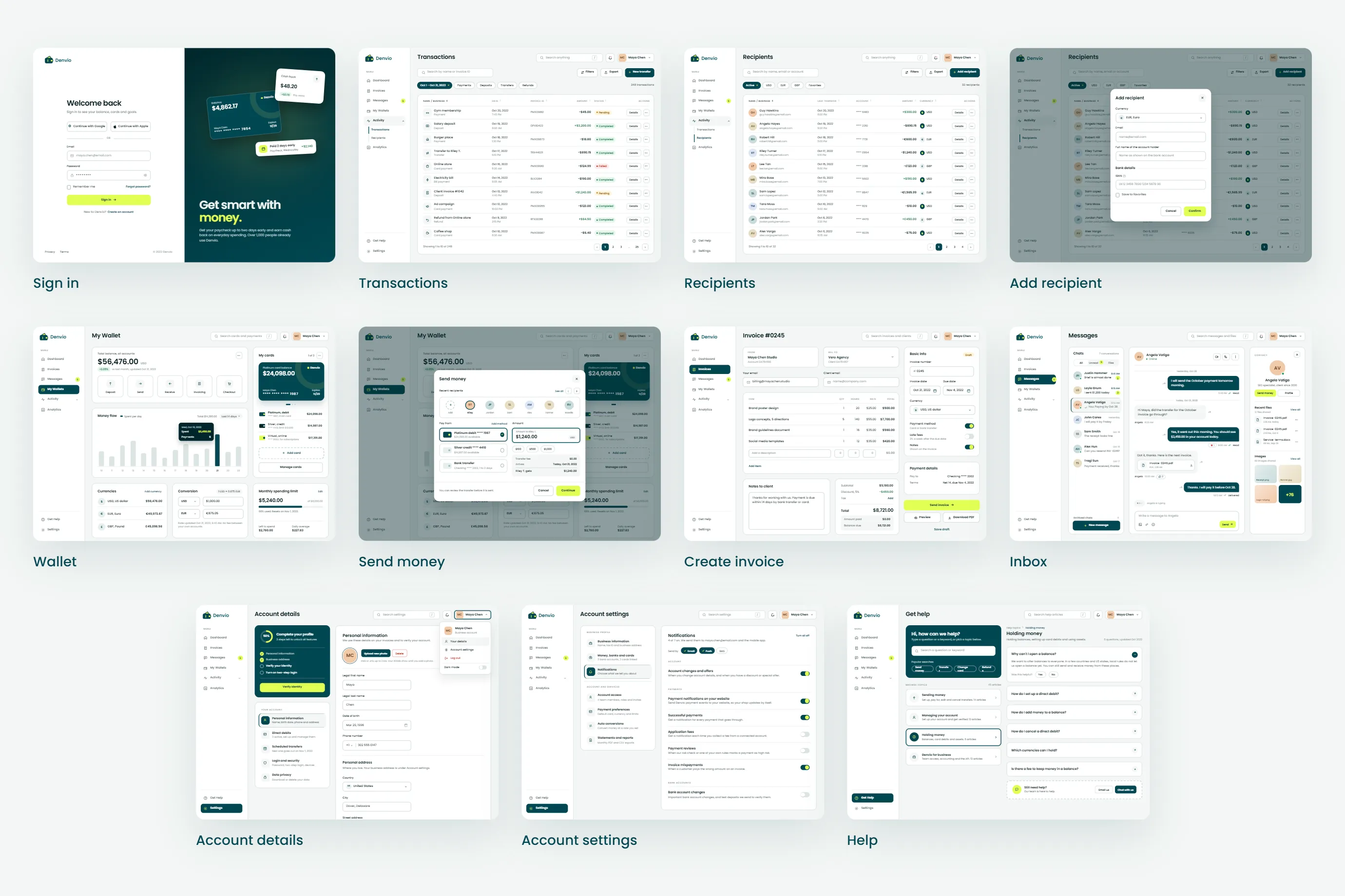 Eleven Denvio web app screens, from sign in and transactions to wallet, invoices, inbox, settings and help