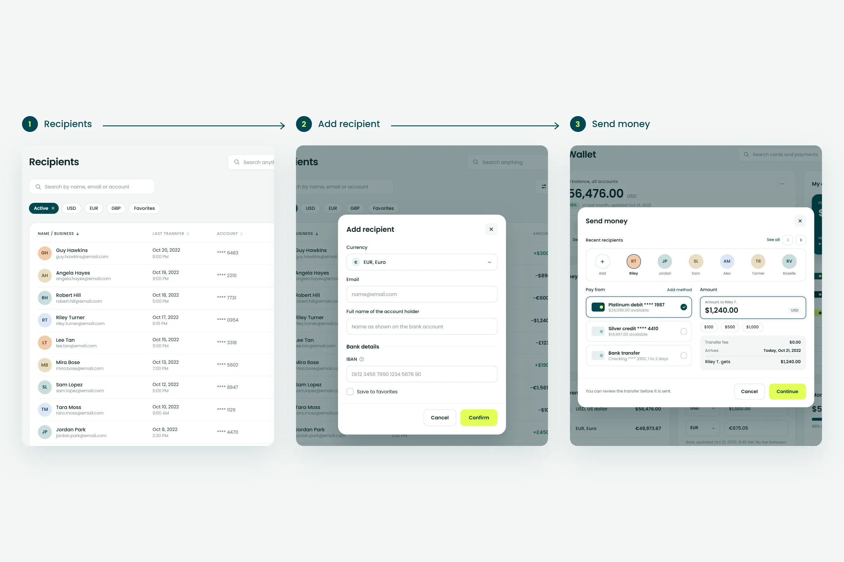 Denvio web app send money flow in three steps: recipients, add recipient and send money