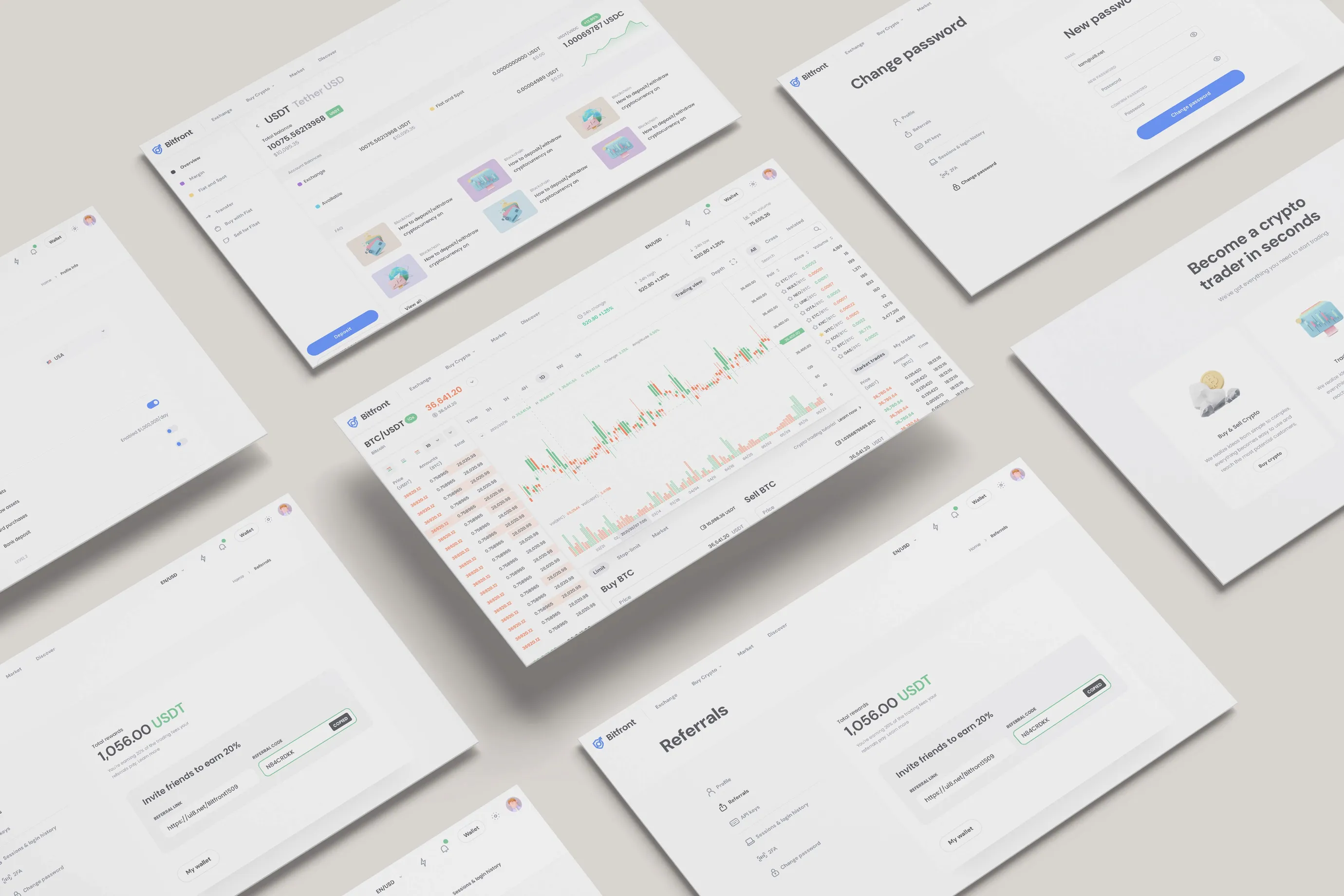 Bitfront exchange screens including trading chart, wallet, referrals and account settings