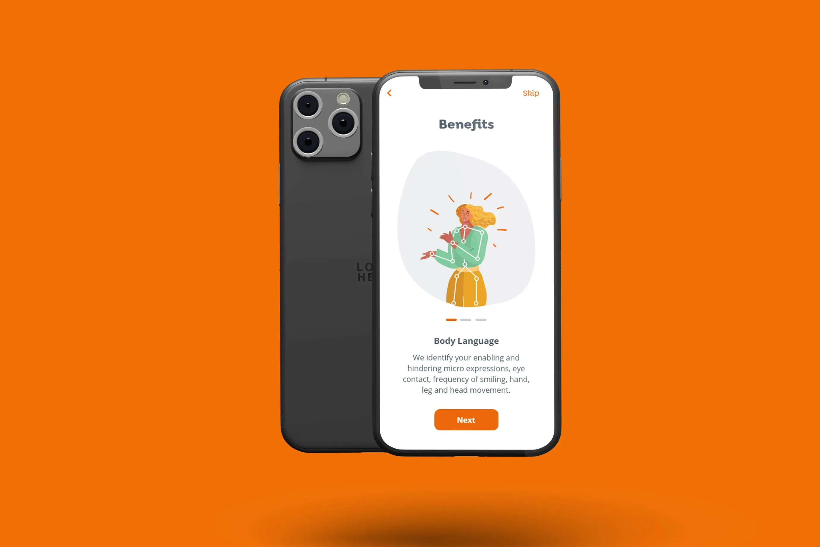 USpeak onboarding Benefits screen explaining body language analysis on a phone