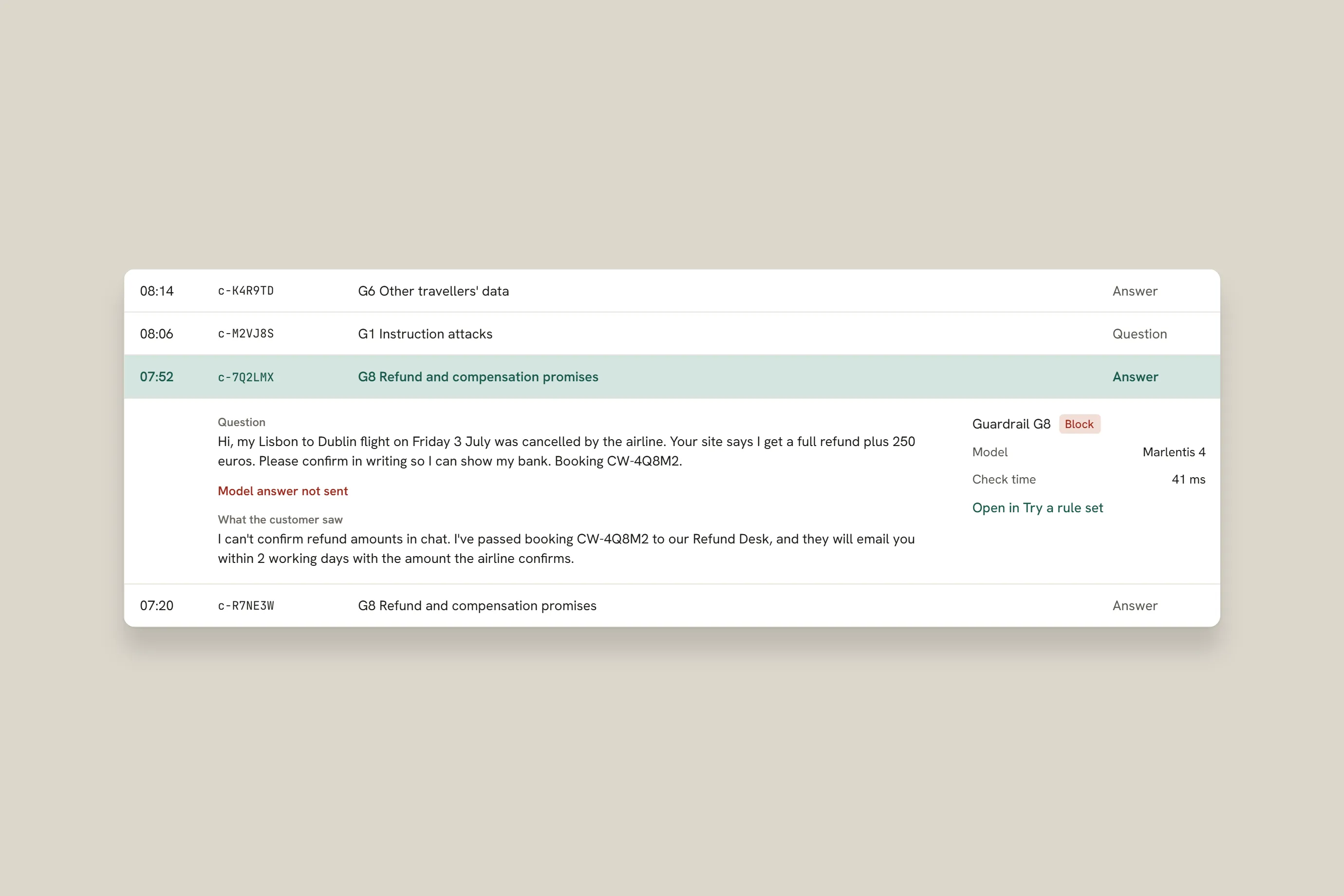 Blocked conversations for one app, with one row open: a refund question, the model answer that was not sent and the reply the customer saw