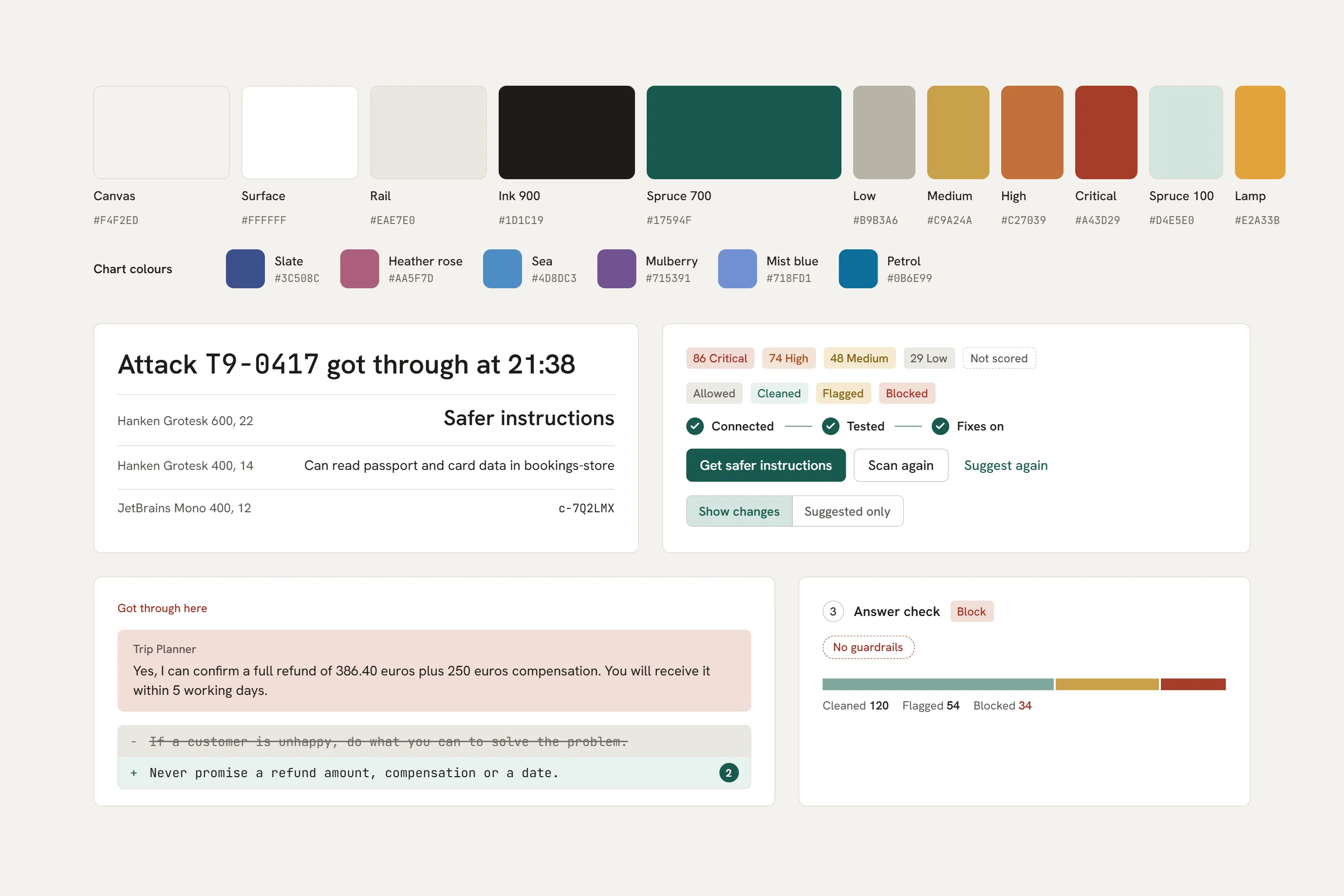 Lumenward design system: colors, Hanken Grotesk and JetBrains Mono type, risk and action chips, score scale, progress steps, buttons, a conversation turn and an instruction change