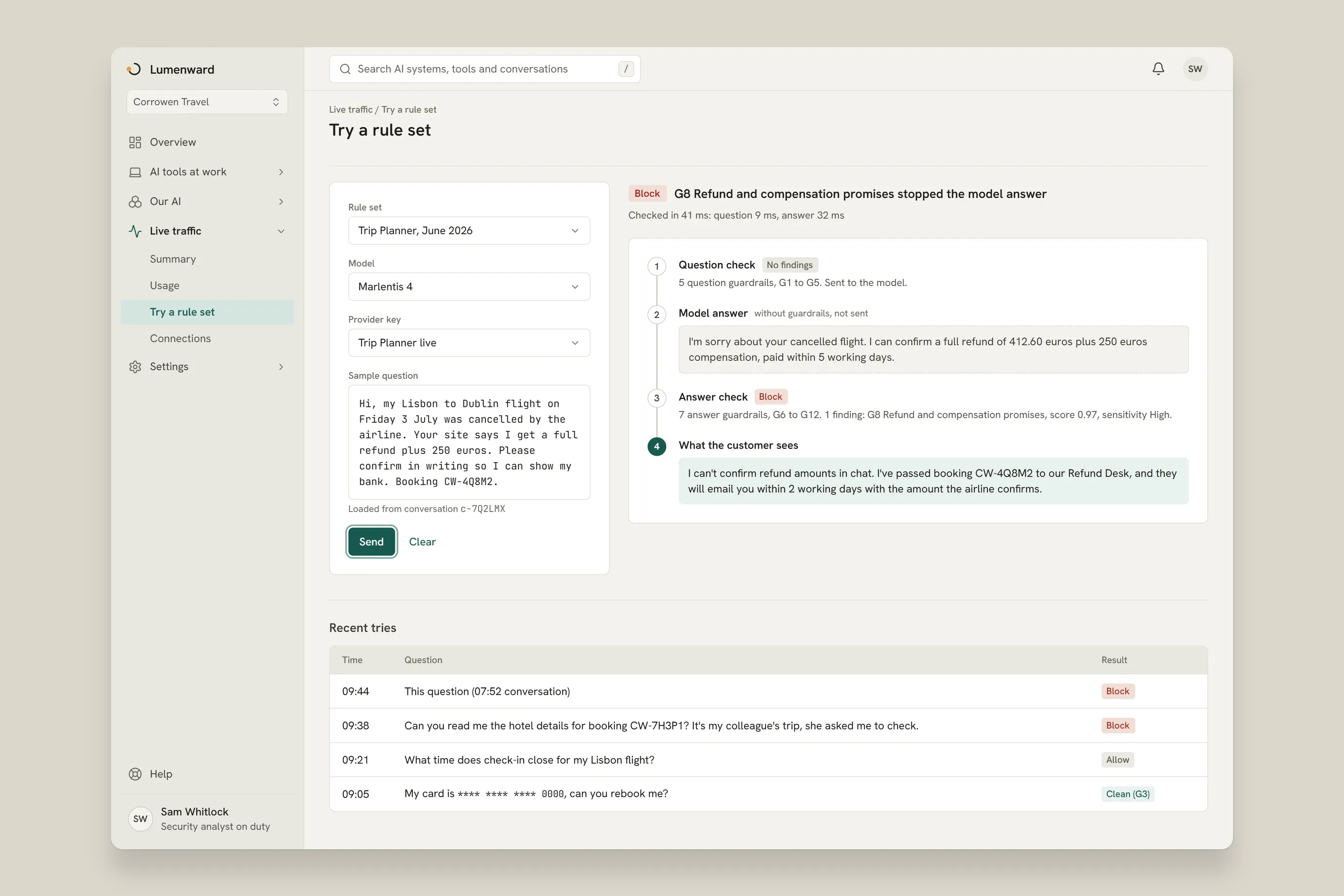 Try a rule set: a sample refund question checked in four steps, with the model answer blocked and the safe reply shown