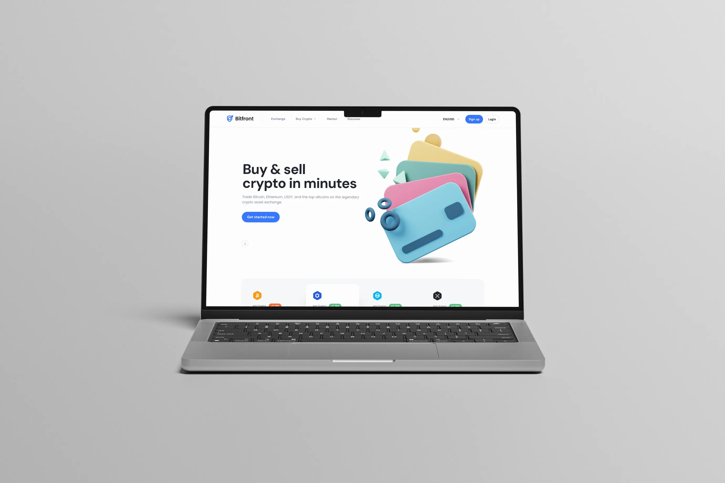 Bitfront crypto exchange home page on a laptop