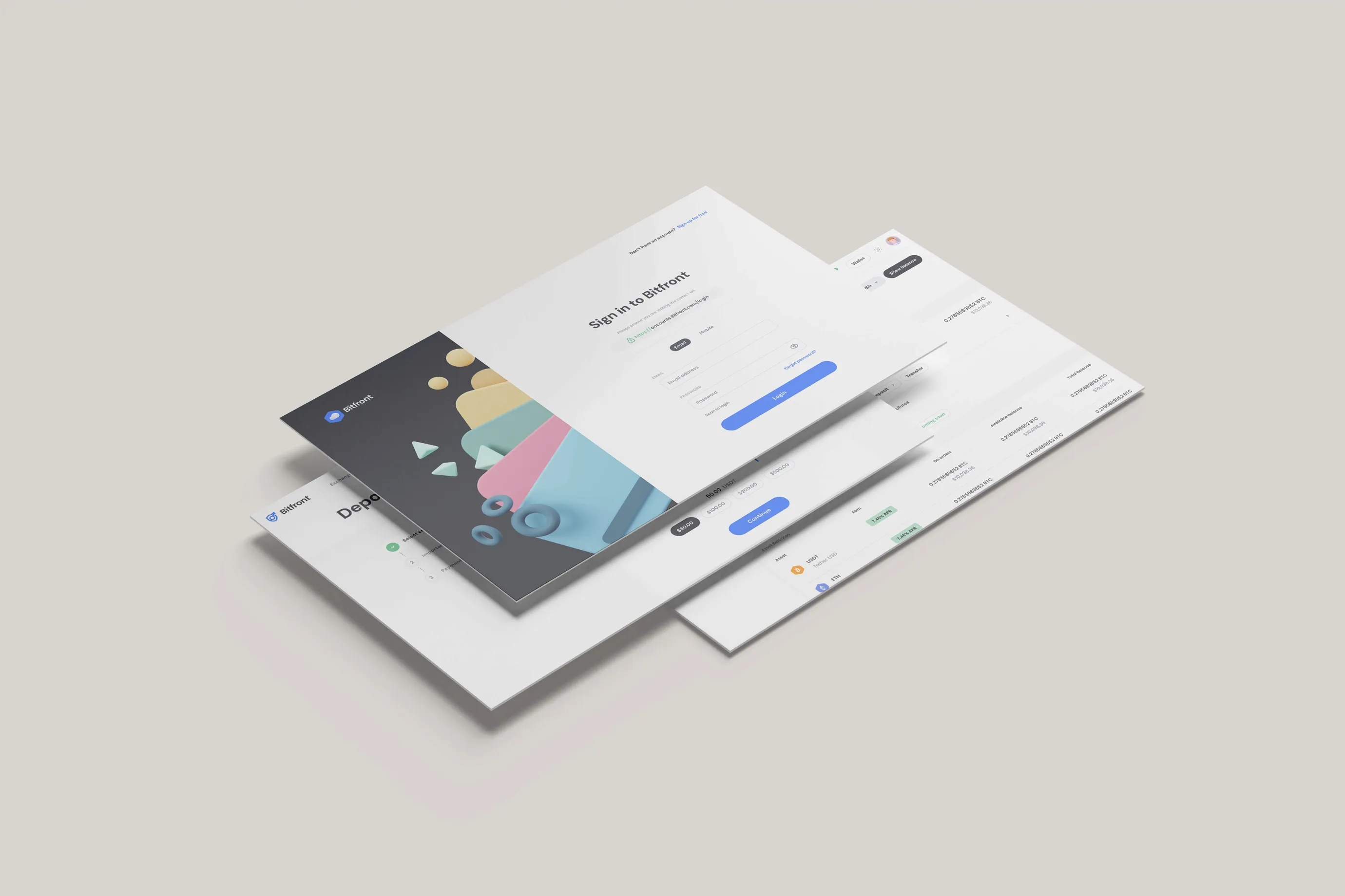 Bitfront sign in screen layered over deposit and trading screens