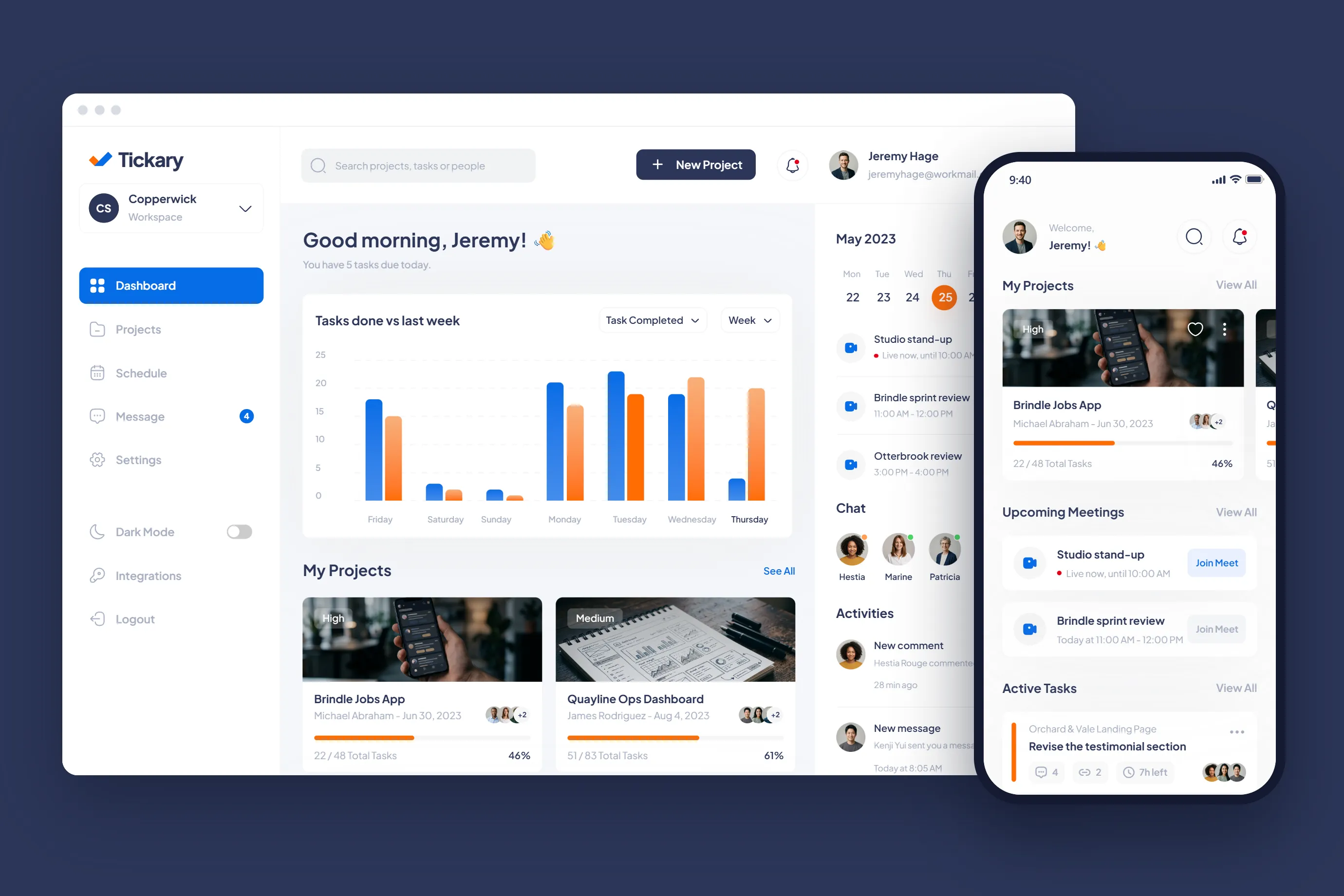 Tickary web dashboard and phone home screen shown together