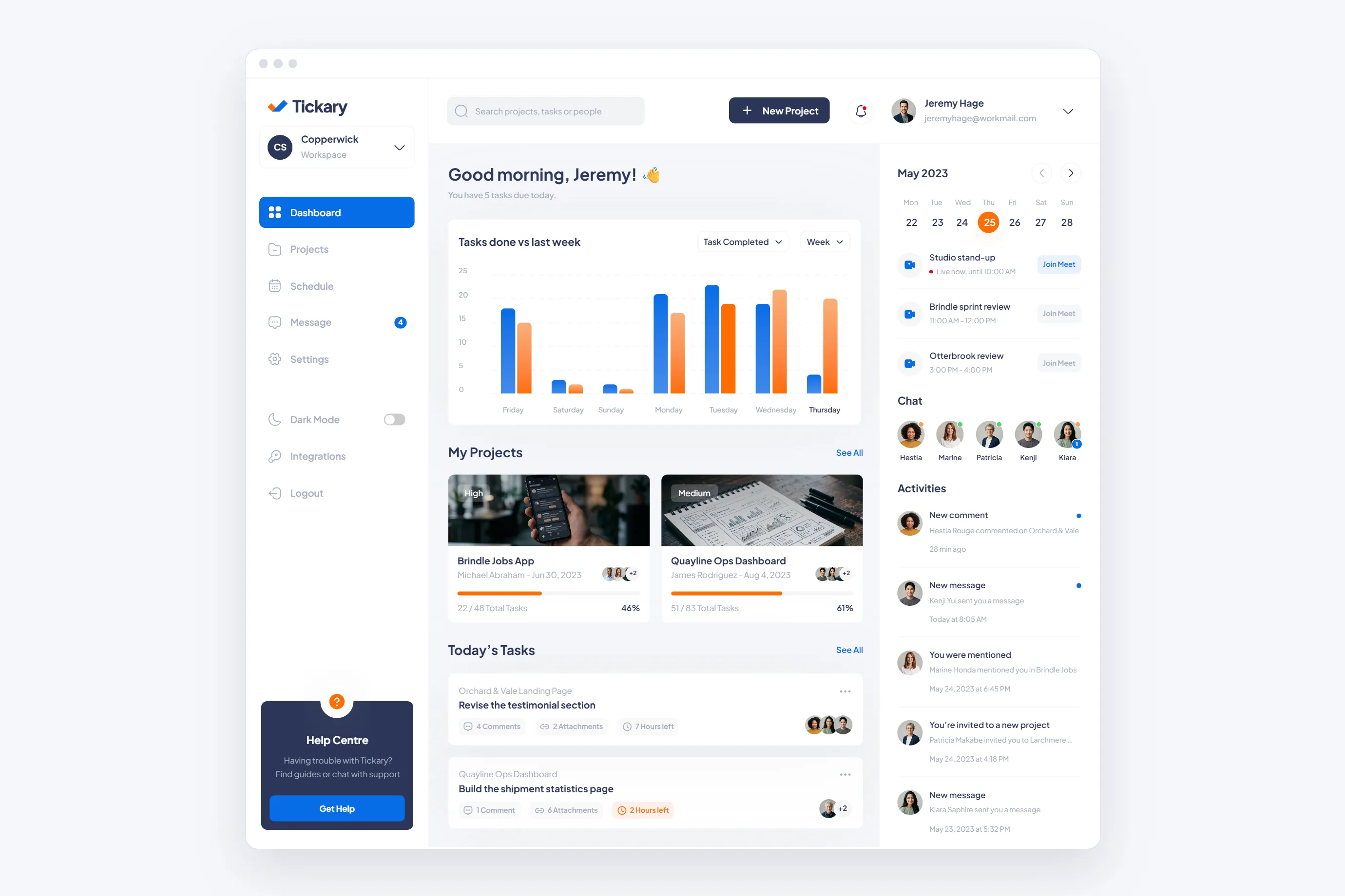 Tickary web dashboard with a weekly task chart, project cards, today's tasks and a week calendar