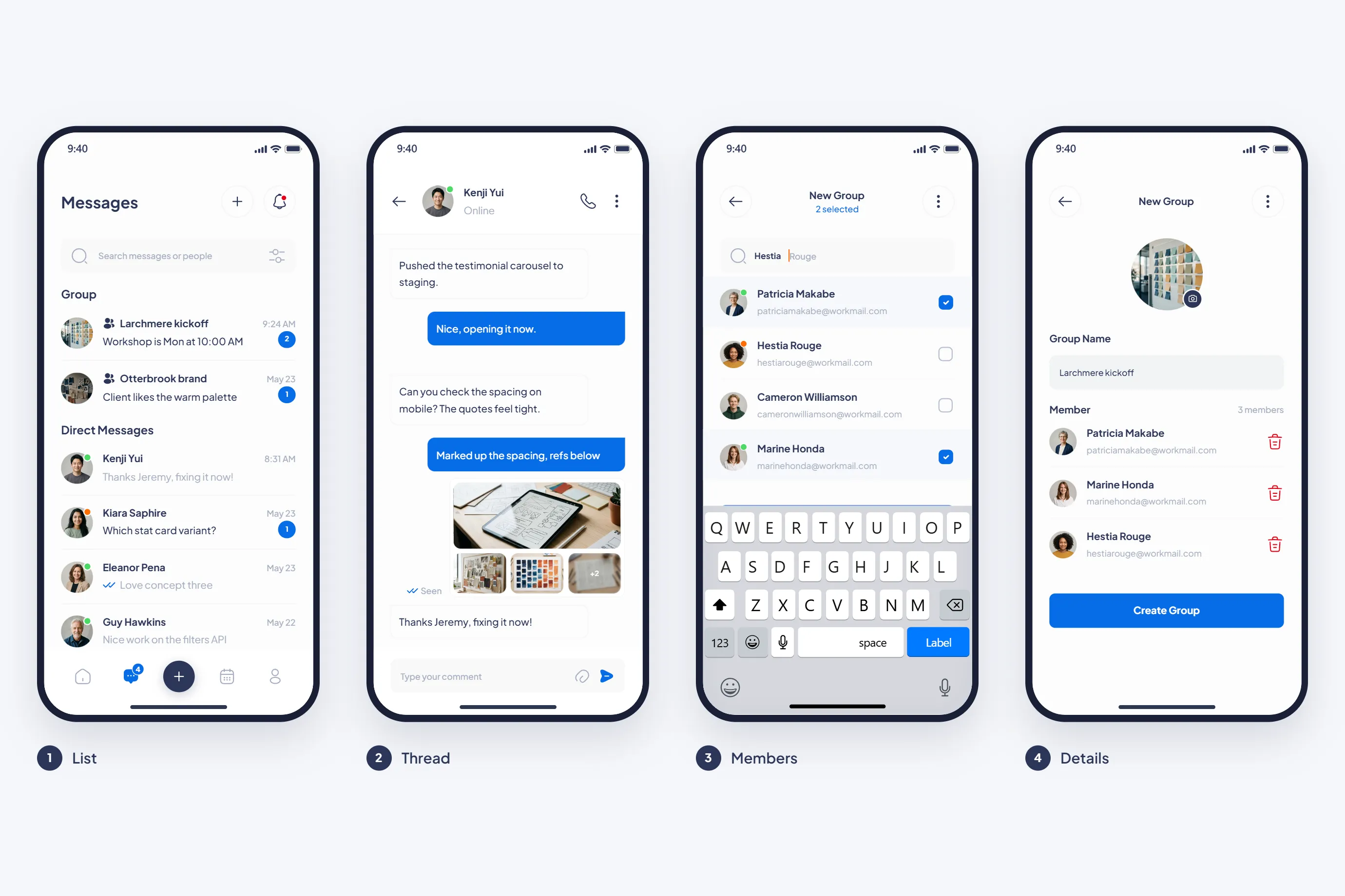 Tickary phone chat screens: message list, a thread and a new group in two steps