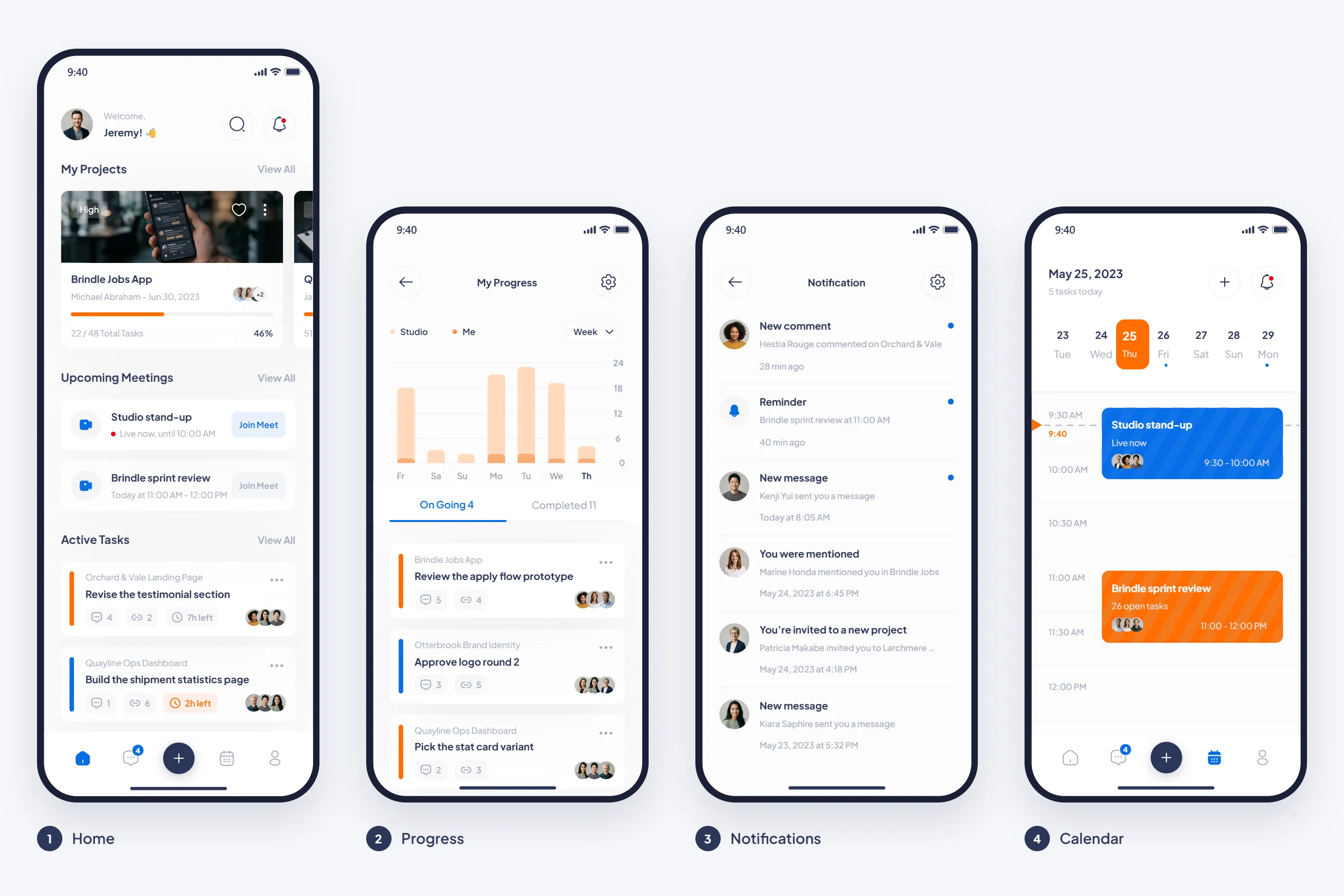 Tickary phone screens for home, progress, notifications and calendar