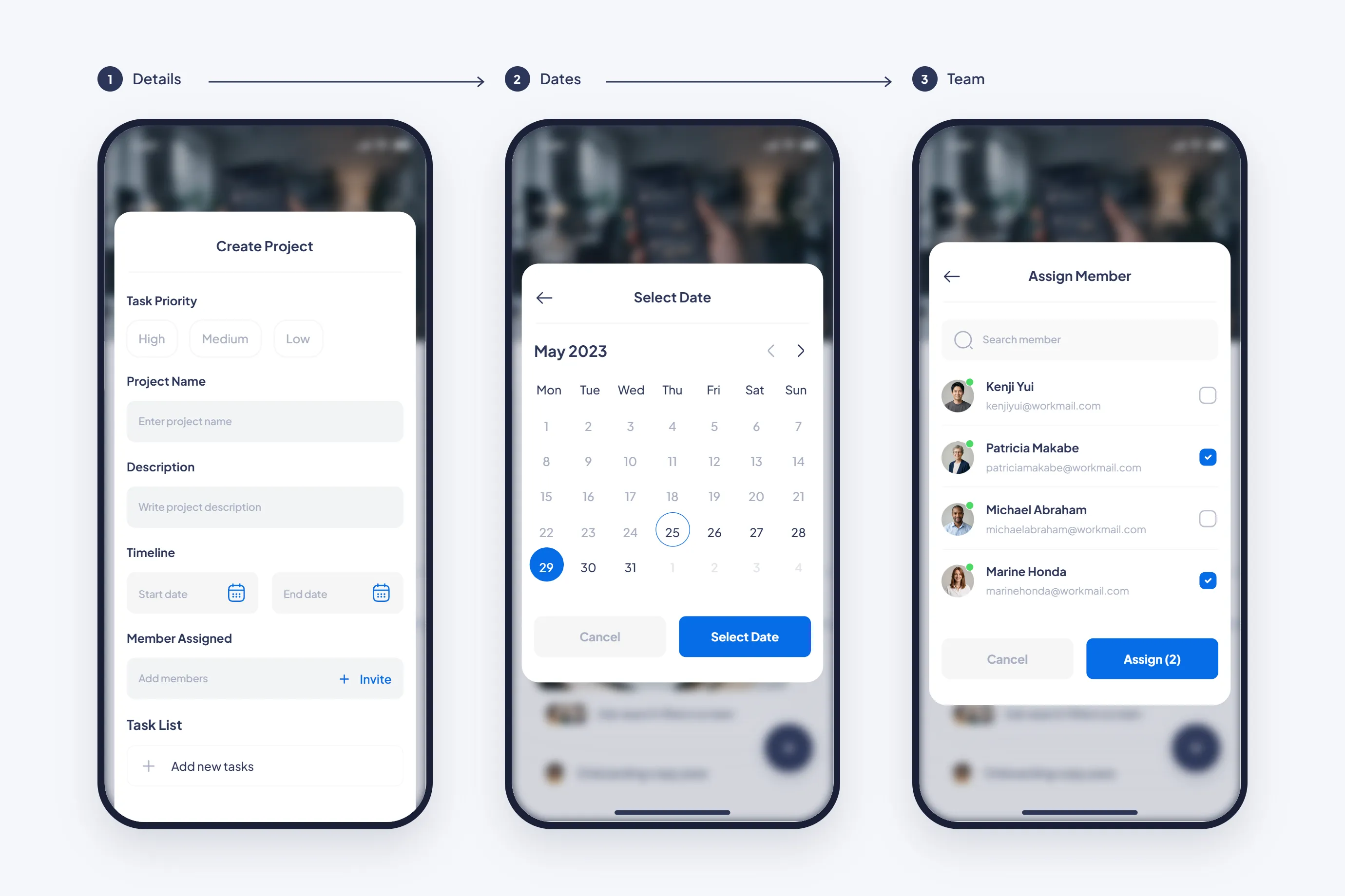 Tickary phone flow for a new project in three steps: details, dates and team