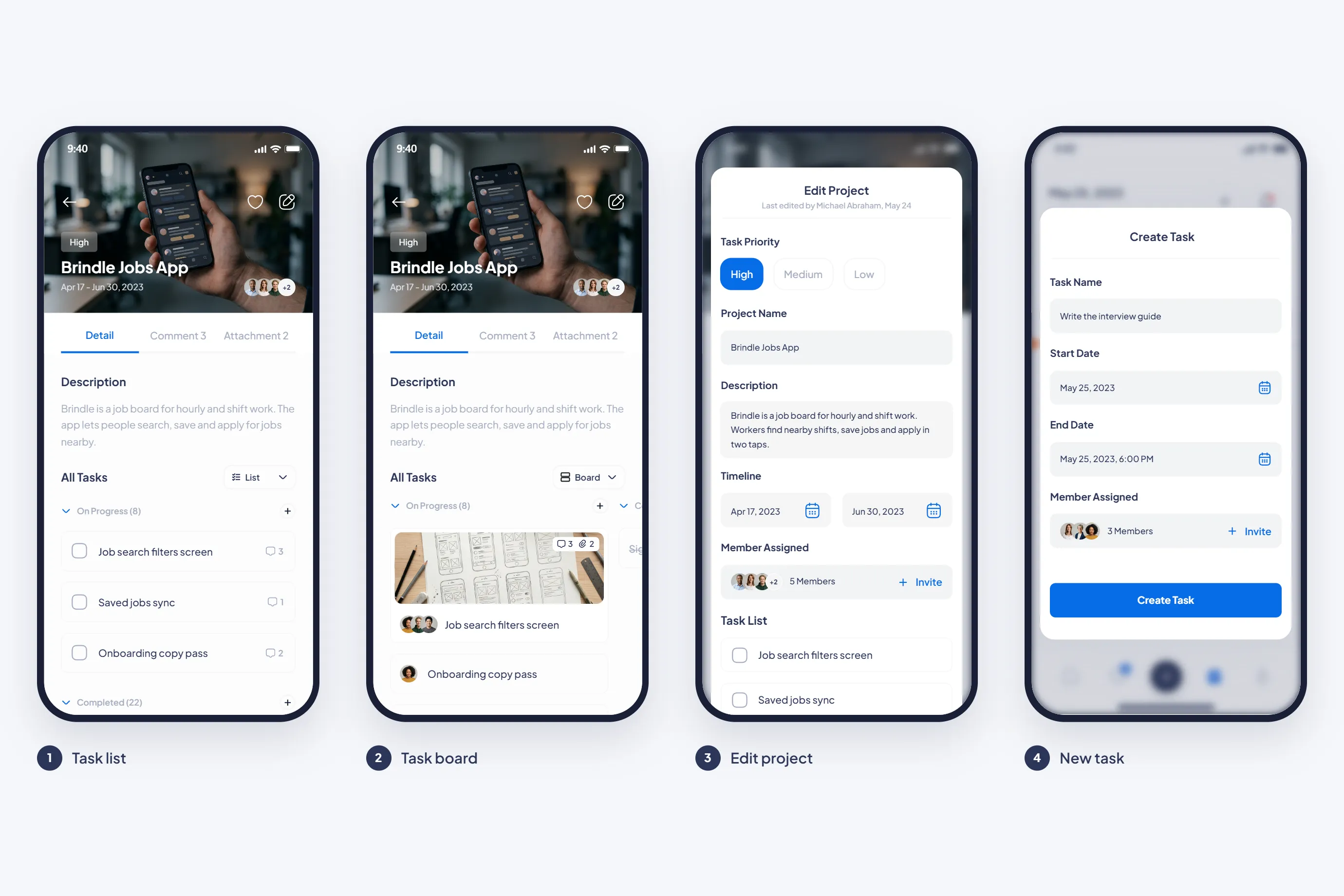 Tickary phone screens for a task list, a task board, edit project and create task