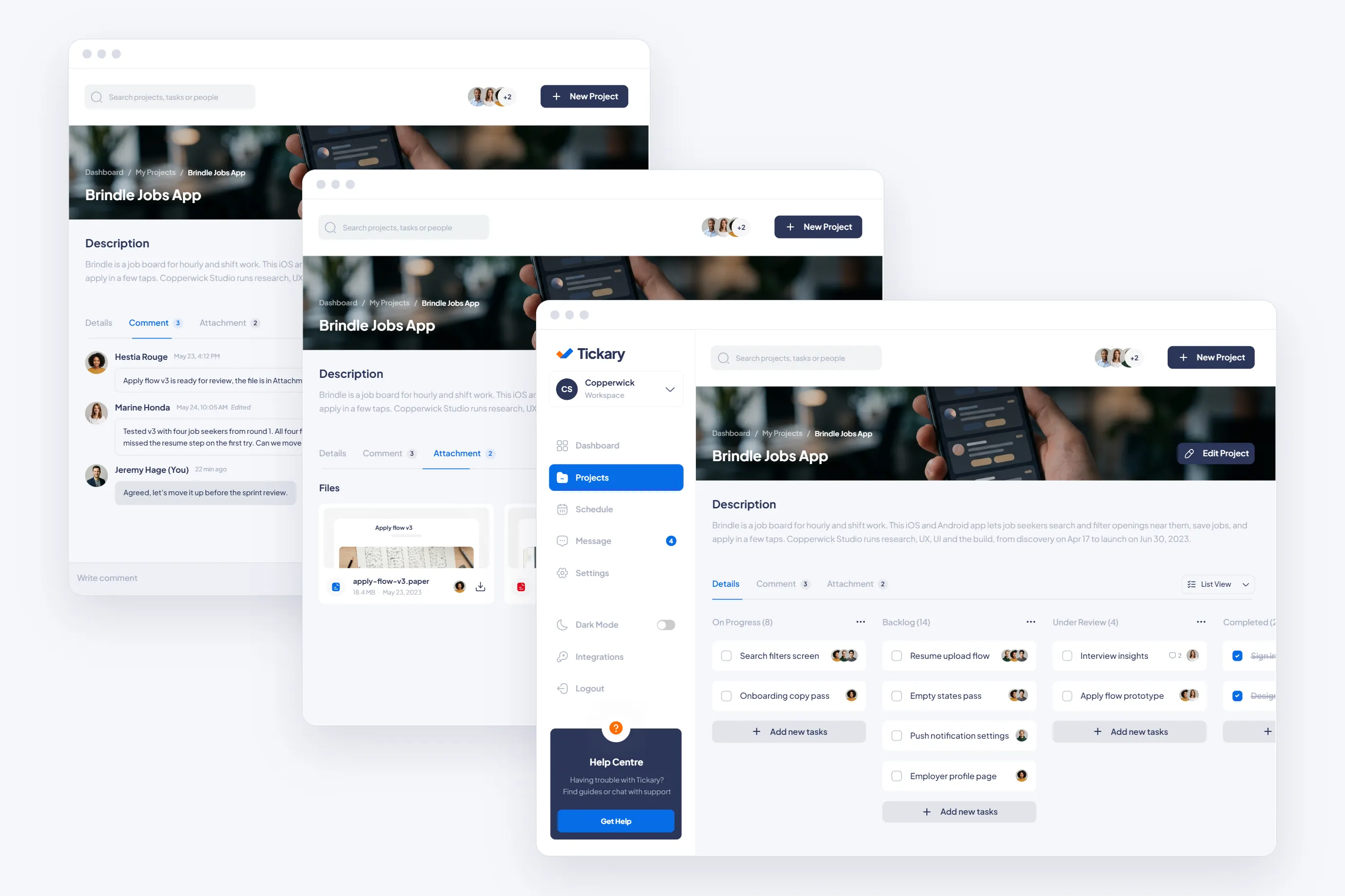 Tickary project page with a task board in four columns, a comment thread and an attachments tab