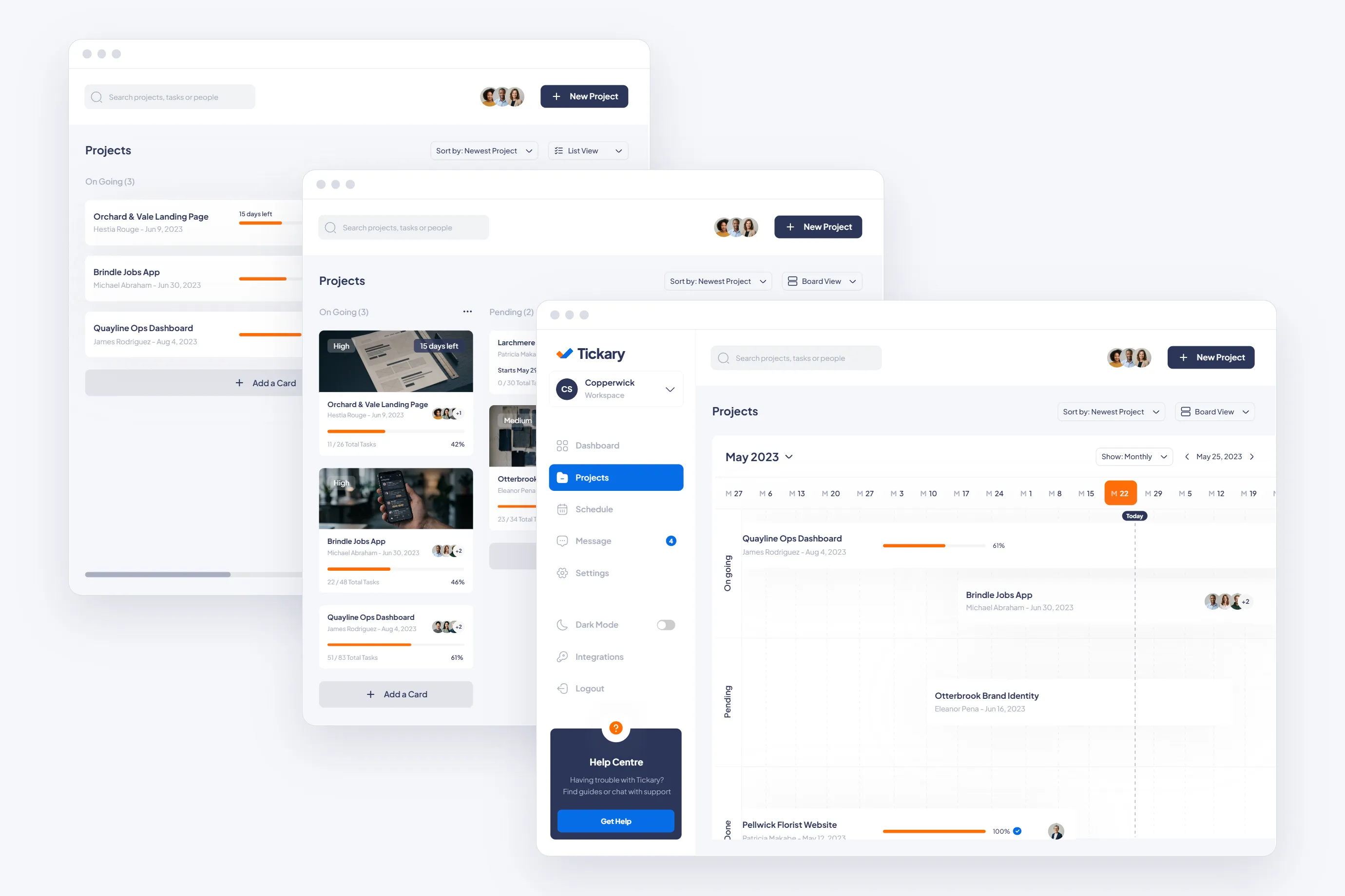 Tickary projects shown as a list, a grid and a timeline