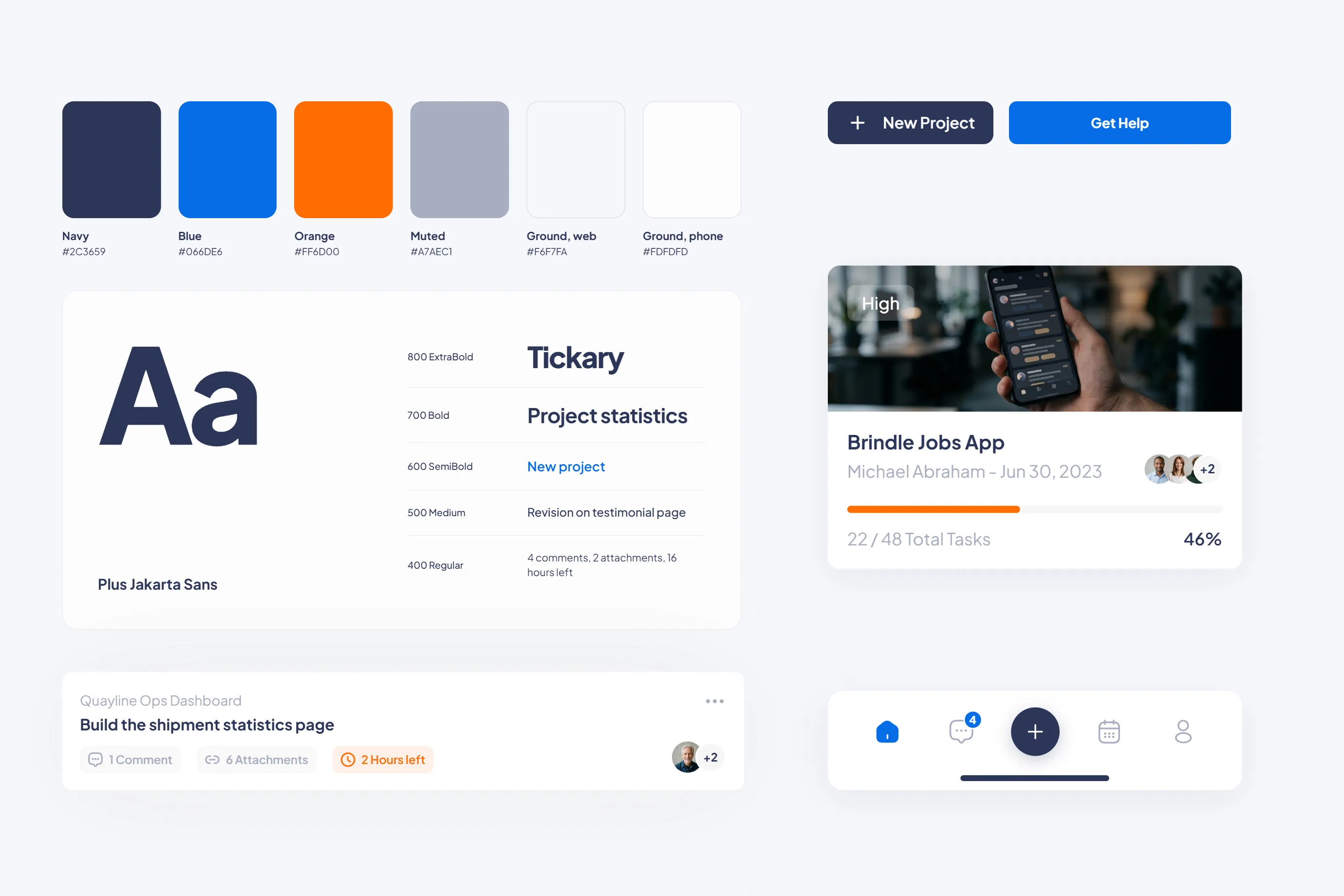 Tickary design system with colors, the Plus Jakarta Sans type, buttons, tags, progress bars and avatar stacks