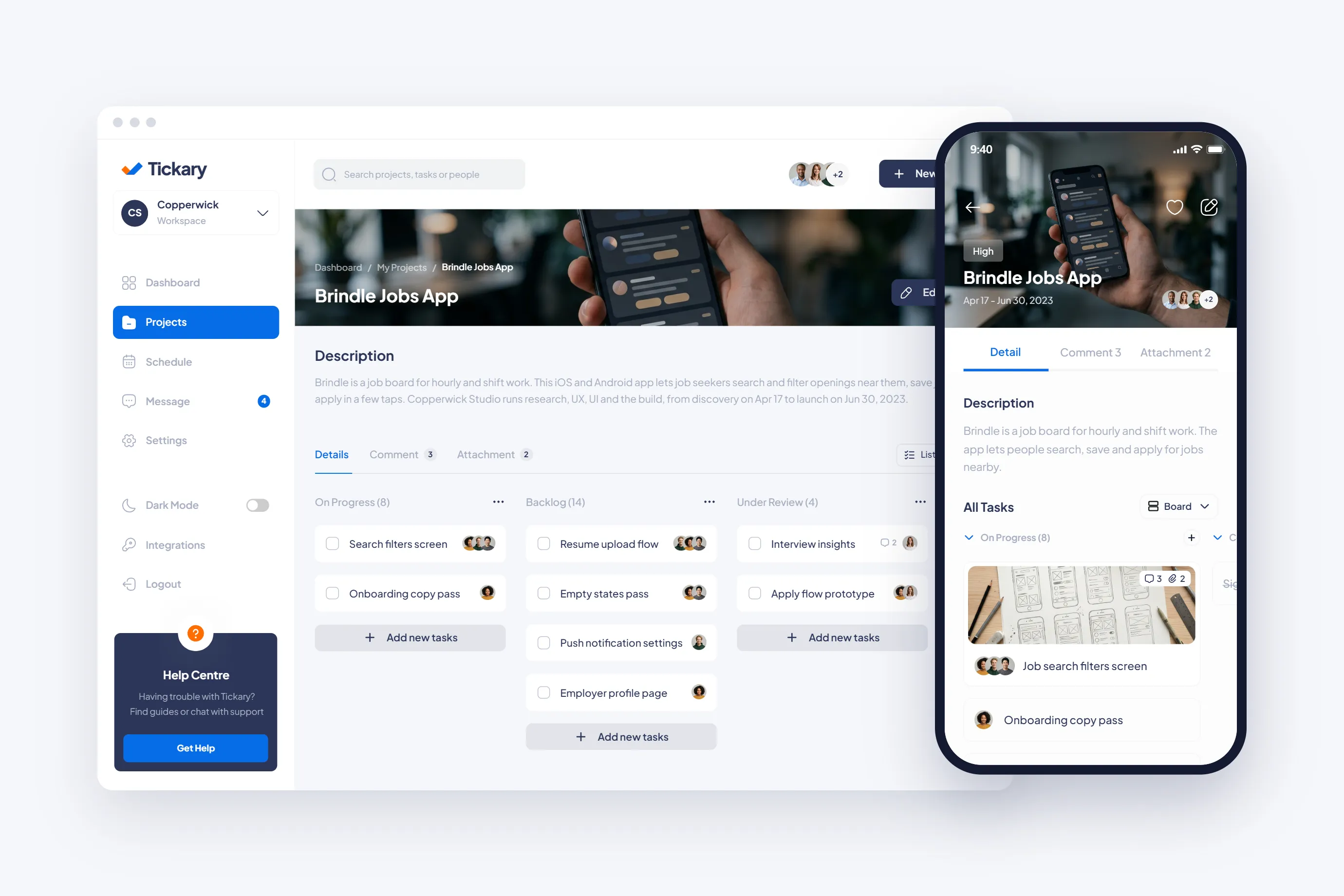 Tickary project board on the web beside the same project as a board on a phone