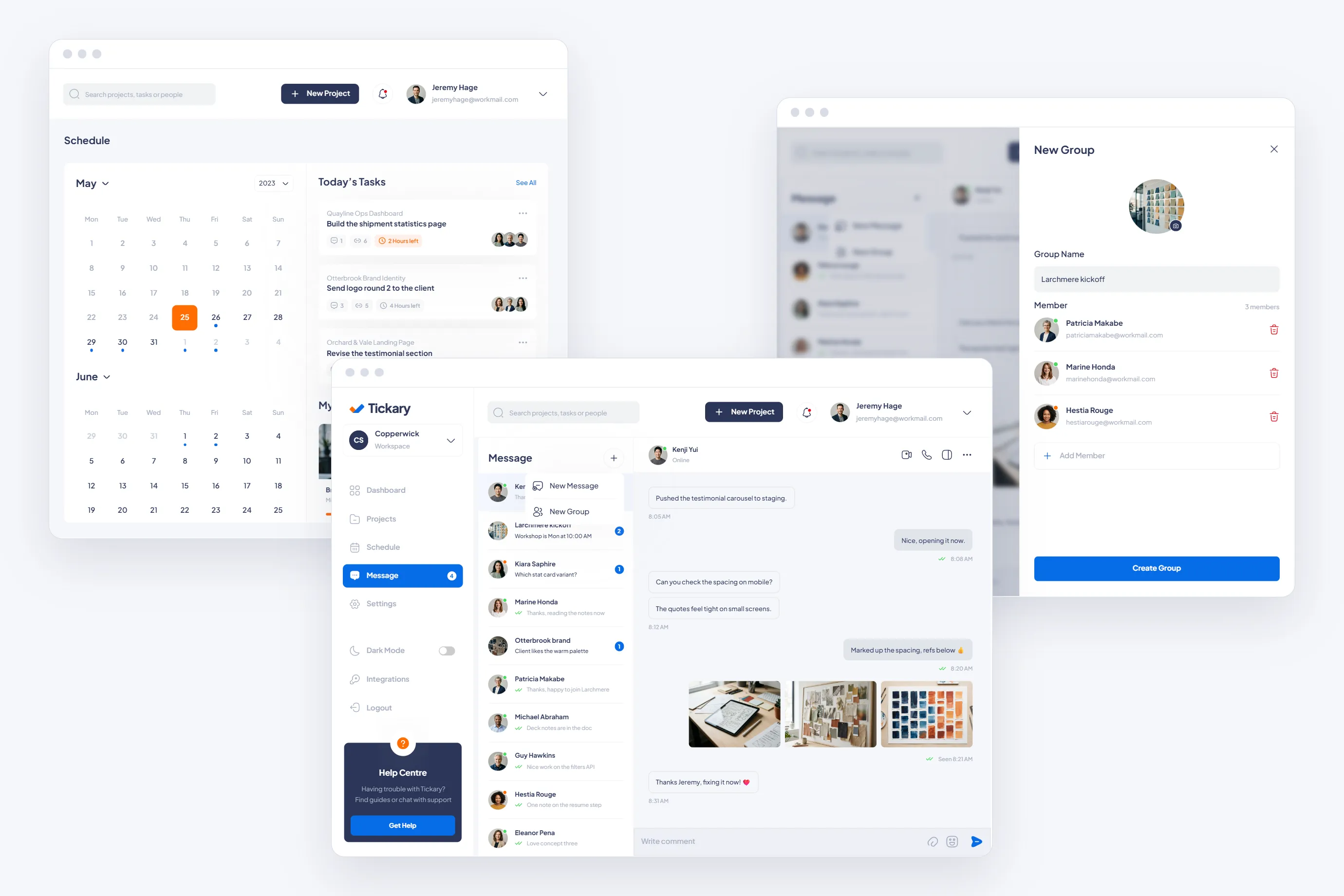 Tickary web schedule with a month calendar, a message thread with images and a new group screen
