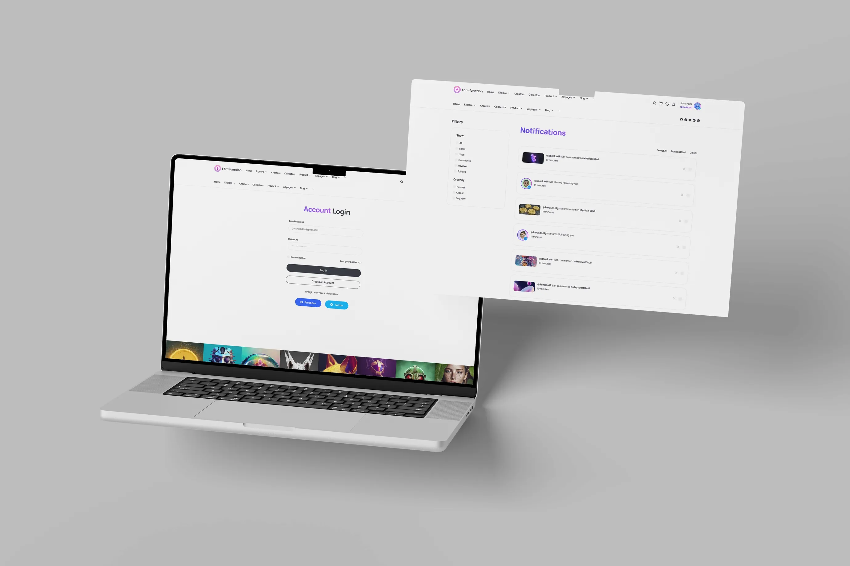 Formfunction account login and notifications screens